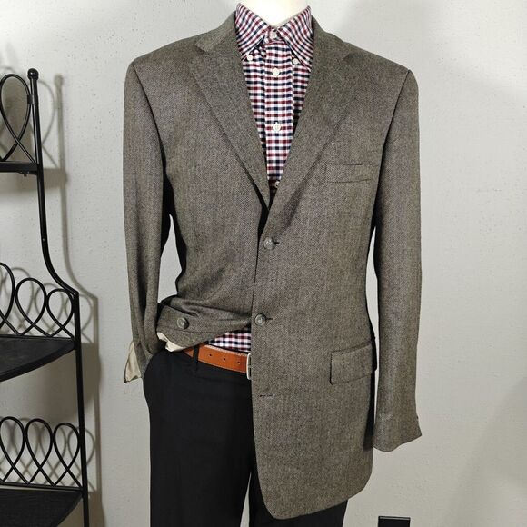Stafford Men's Sport Coat Blazer Three Button Herringbone Grayish Brown Wool 42L